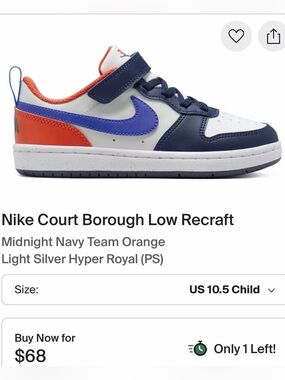 Nike Court Borough Low Recraft
Midnight Navy Orange Kids sneaker size 11